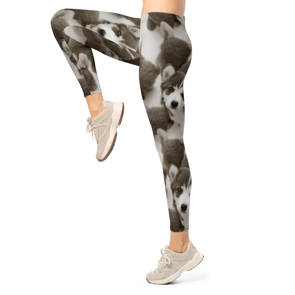 Sepia Puppy Parade on Leggings — Left