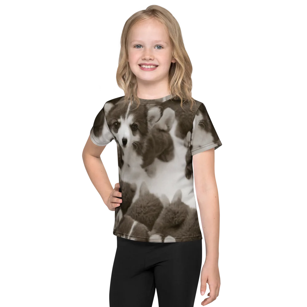 Sepia Puppy Parade on Kids Crew Neck T-Shirt — Front