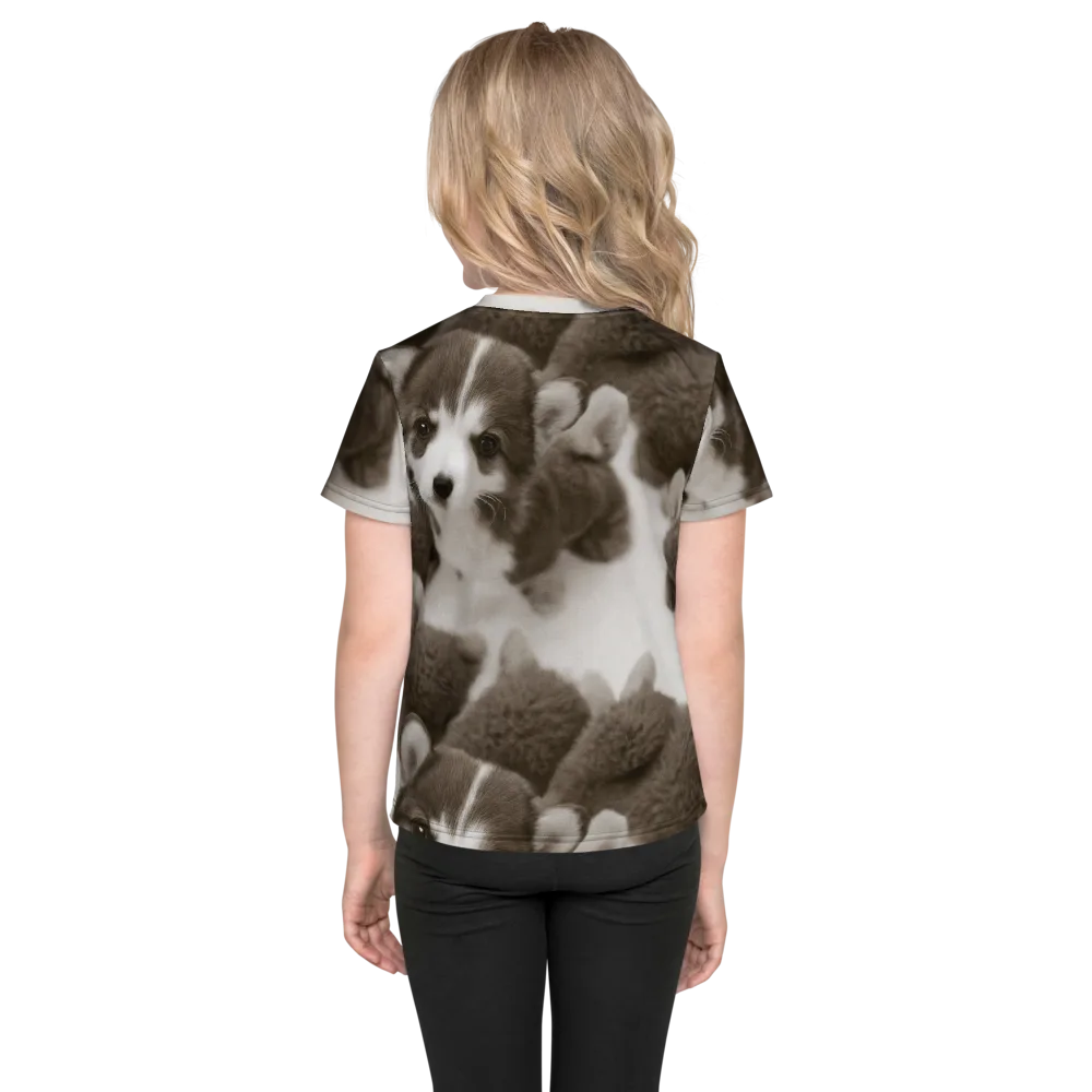 Sepia Puppy Parade on Kids Crew Neck T-Shirt — Back