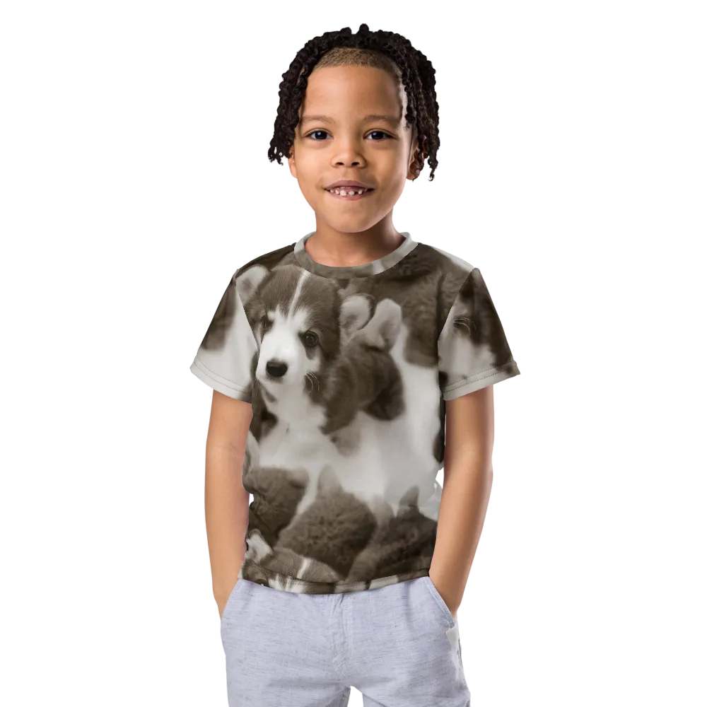 Sepia Puppy Parade on Kids Crew Neck T-Shirt — Front