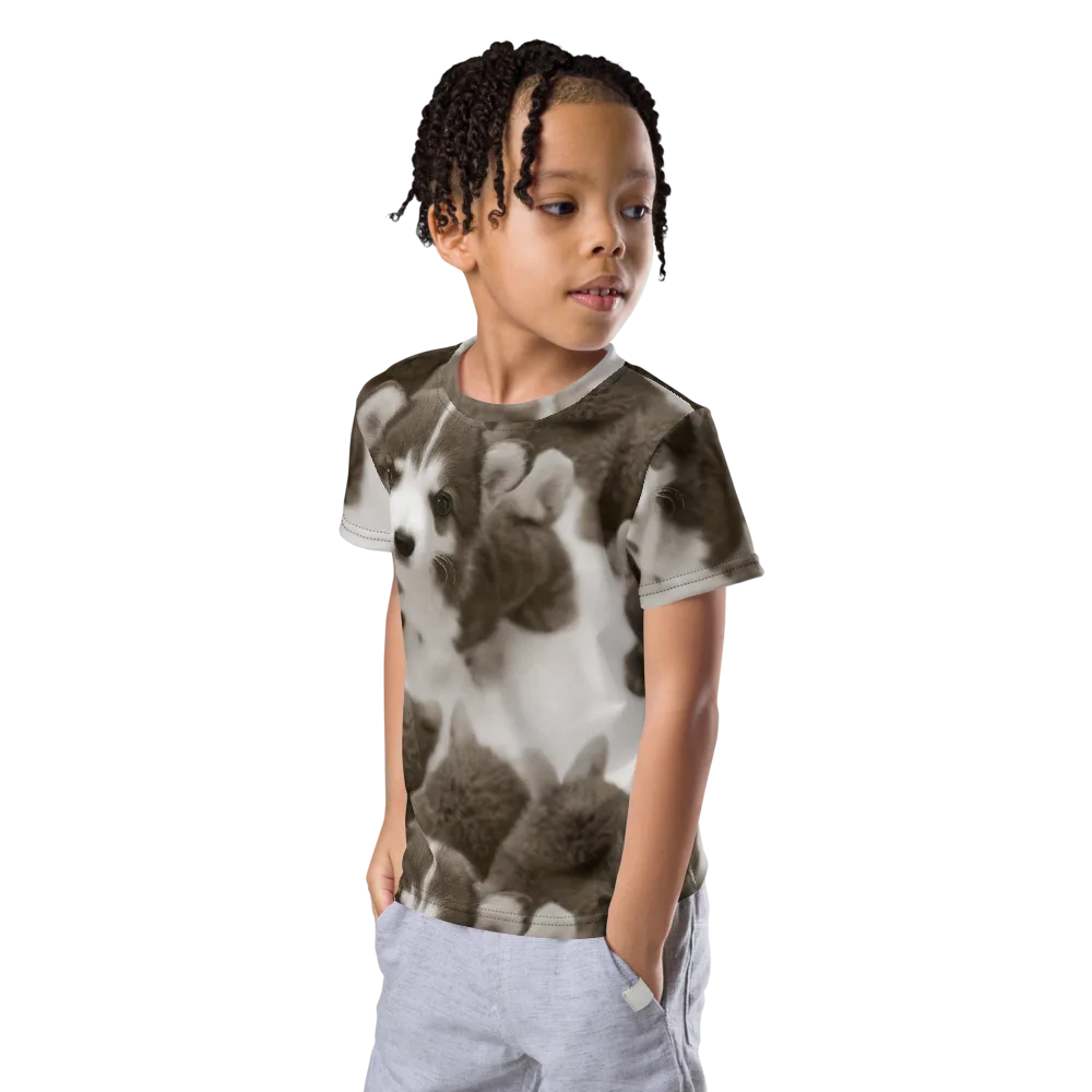 Sepia Puppy Parade on Kids Crew Neck T-Shirt — Left Front