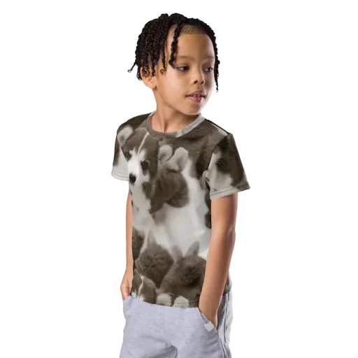 Sepia Puppy Parade on a Kids Crew Neck T-Shirt