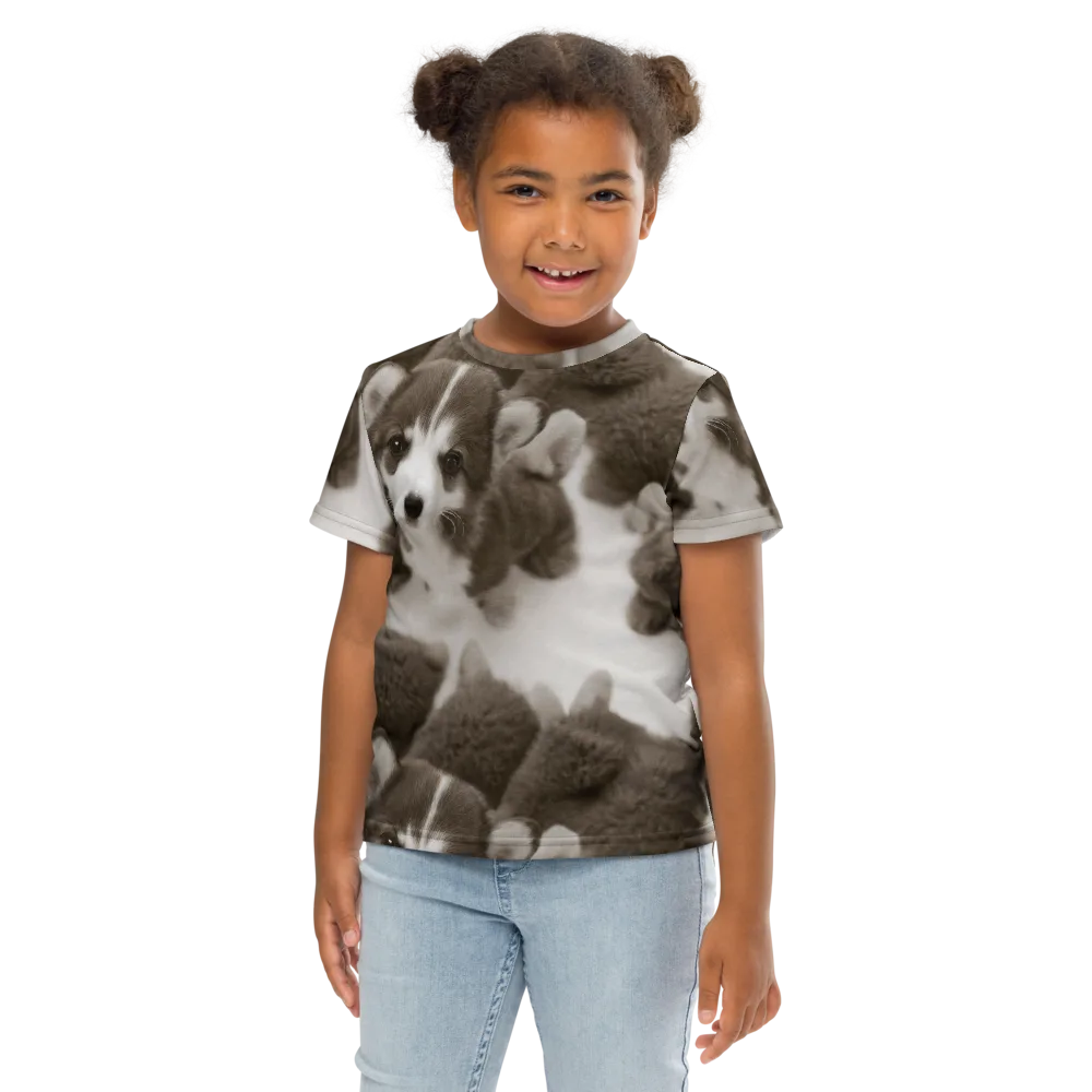 Sepia Puppy Parade on Kids Crew Neck T-Shirt — Front