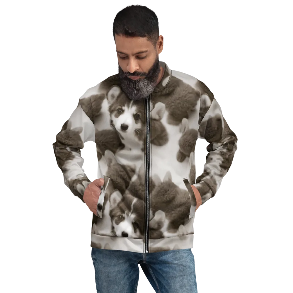 Sepia Puppy Parade on Bomber Jacket — Front