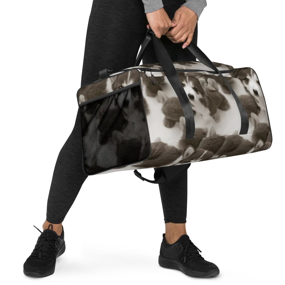 Sepia Puppy Parade on Duffle Bag — Right Front