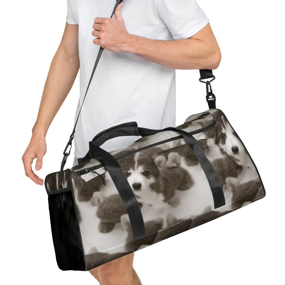 Sepia Puppy Parade on Duffle Bag — Right Front