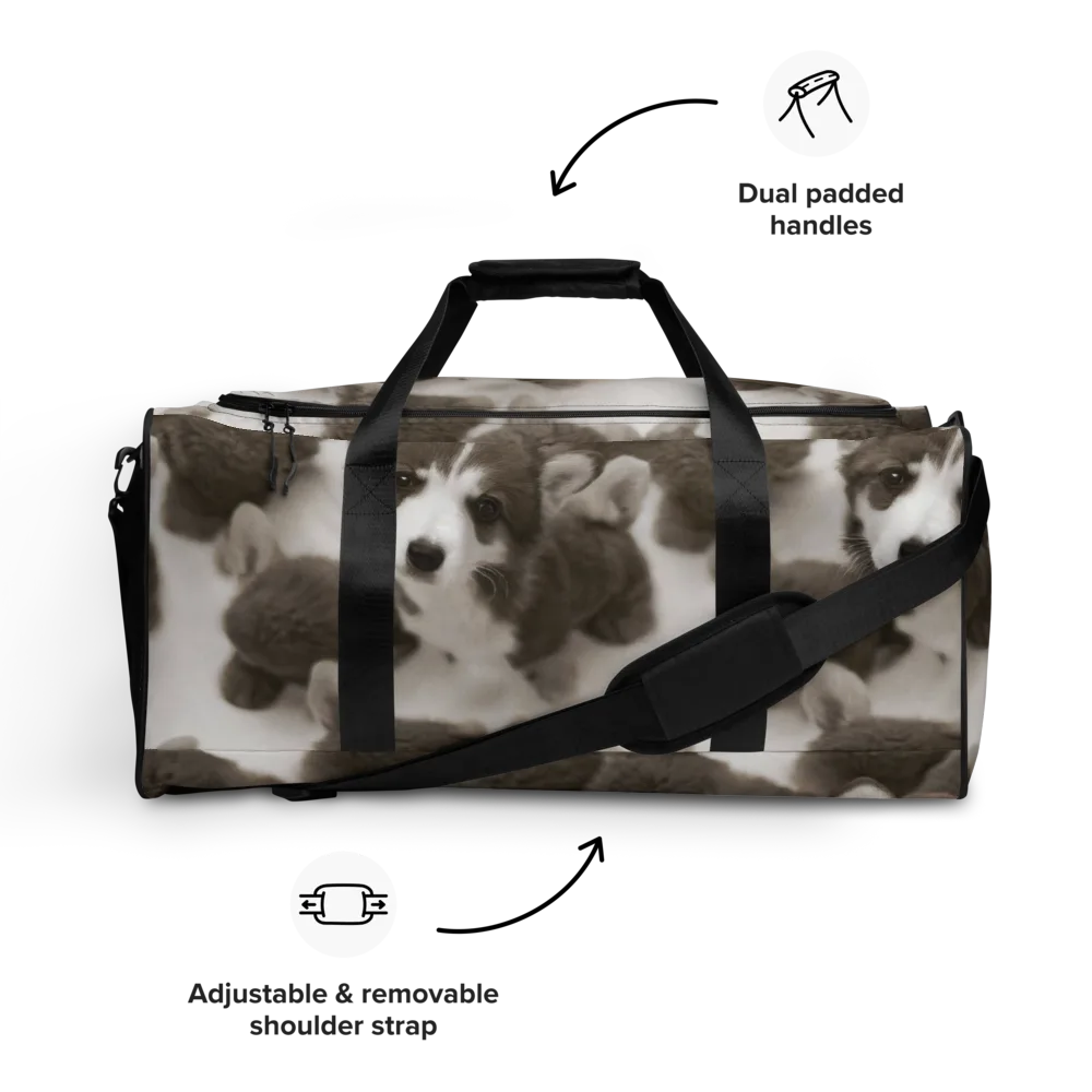 Sepia Puppy Parade on Duffle Bag — Front
