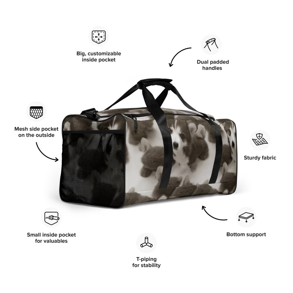 Sepia Puppy Parade on Duffle Bag — Right Front