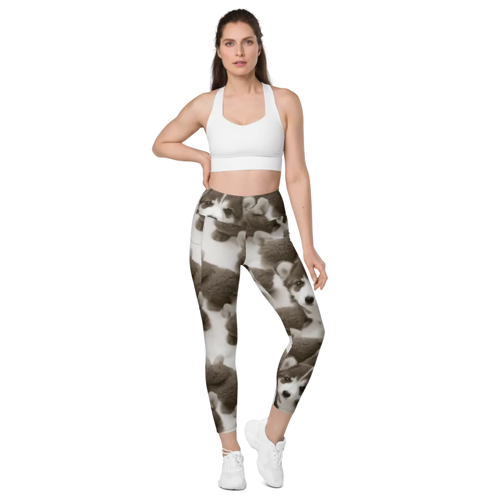 Sepia Puppy Parade on Leggings with Pockets — Front