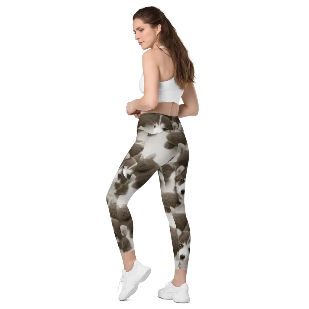 Sepia Puppy Parade on Leggings with Pockets — Left Back