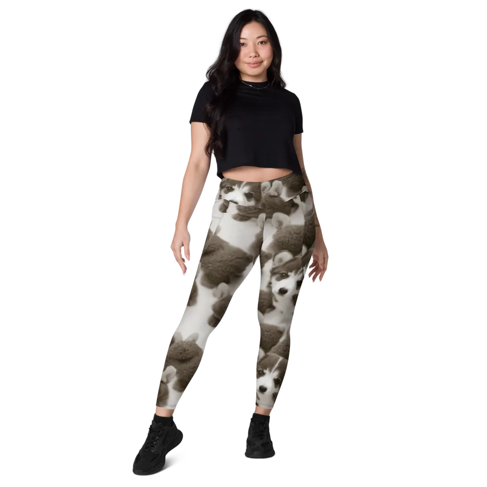 Sepia Puppy Parade on Leggings with Pockets — Front