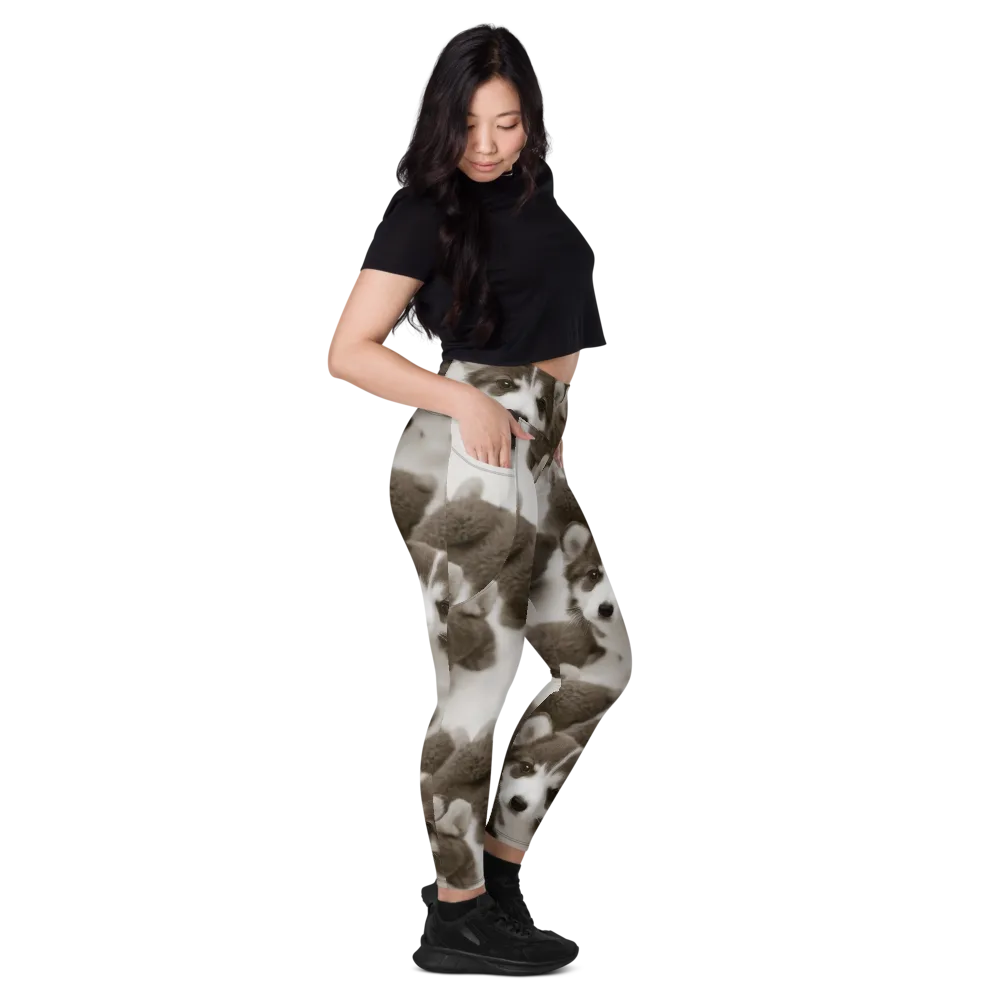 Sepia Puppy Parade on Leggings with Pockets — Right