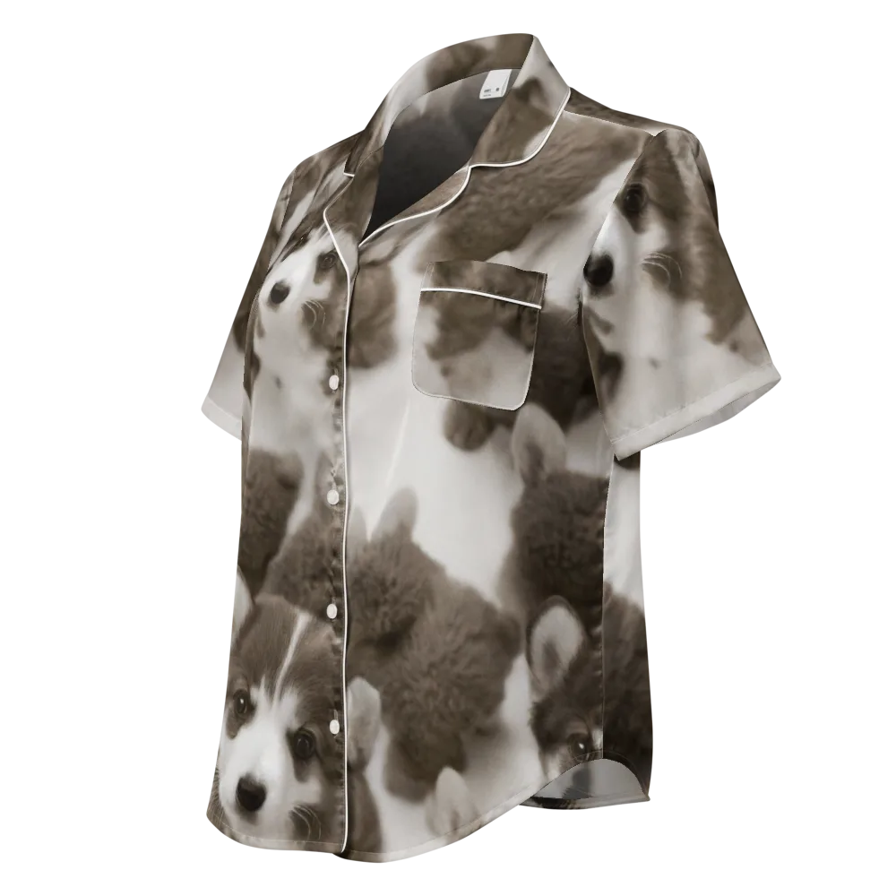 Sepia Puppy Parade on Women's Short Sleeve Pajama Top — Left Front
