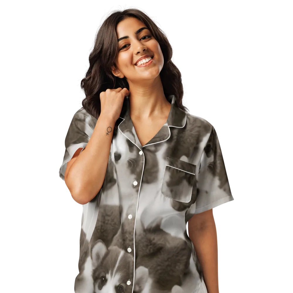 Sepia Puppy Parade on Women's Short Sleeve Pajama Top — Front