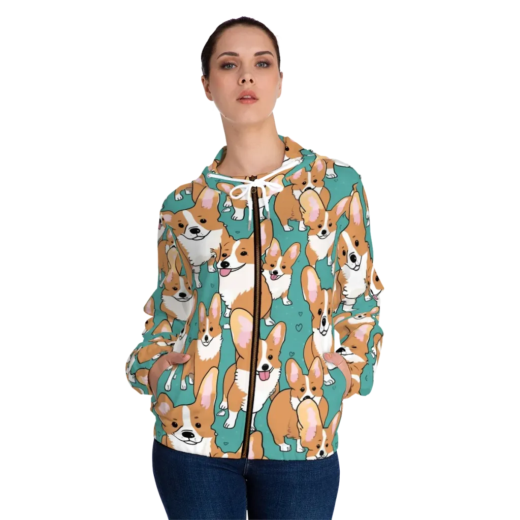 Corgi Carnival on Women's Full-Zip Hoodie — Front On Person