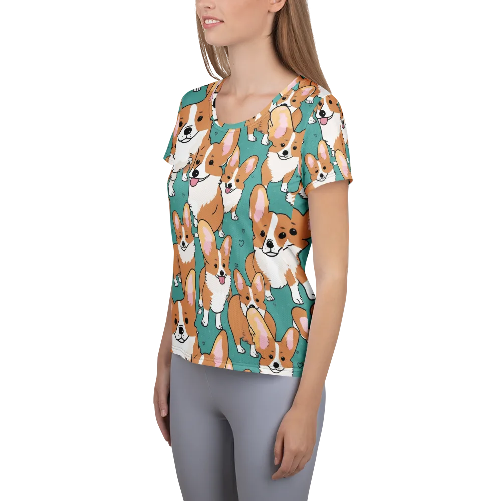 Corgi Carnival on Women's Athletic T-Shirt — Left