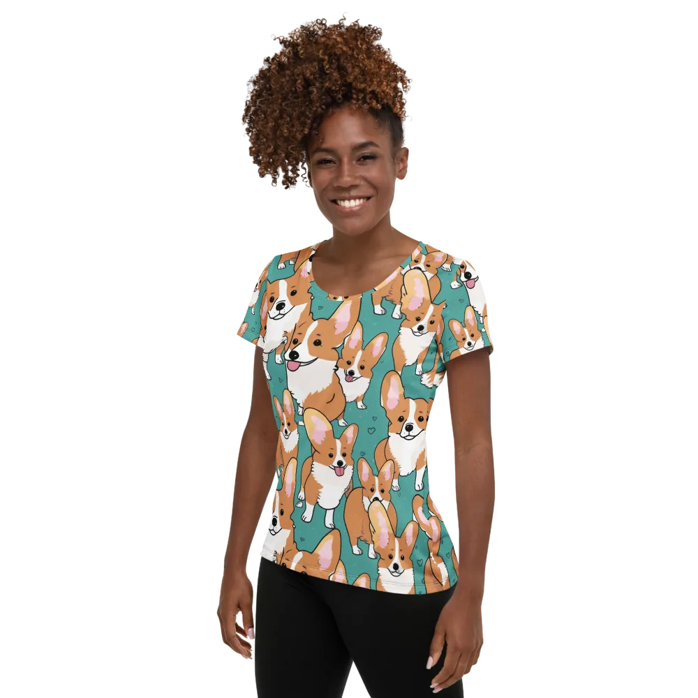 Corgi Carnival on Women's Athletic T-Shirt — Left