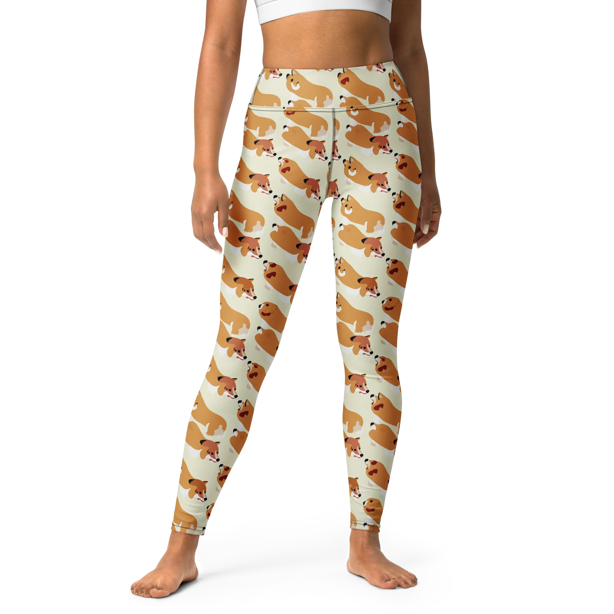 Butterscotch Pups on Yoga Leggings — Front