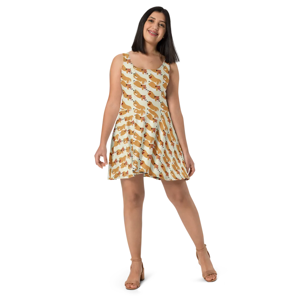Butterscotch Pups on Skater Dress — Front