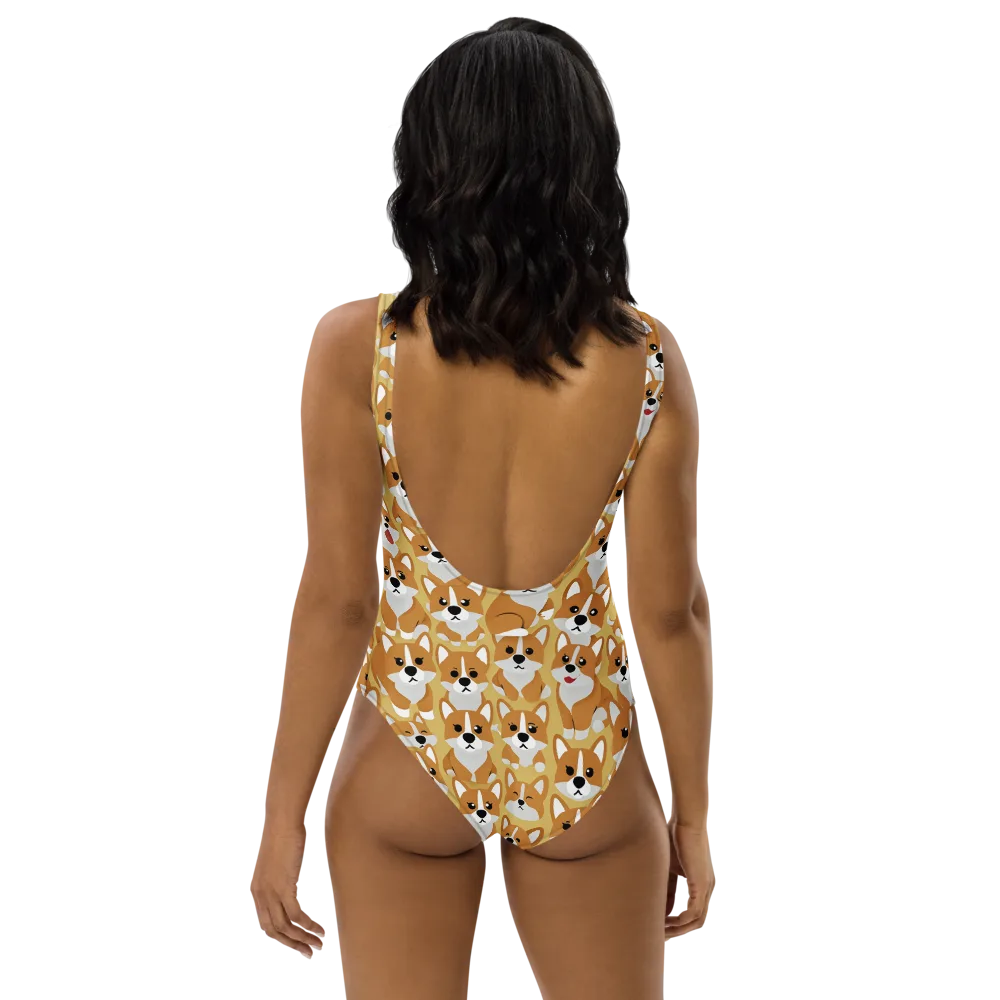 Amber Corgi Parade on One-Piece Swimsuit — Back