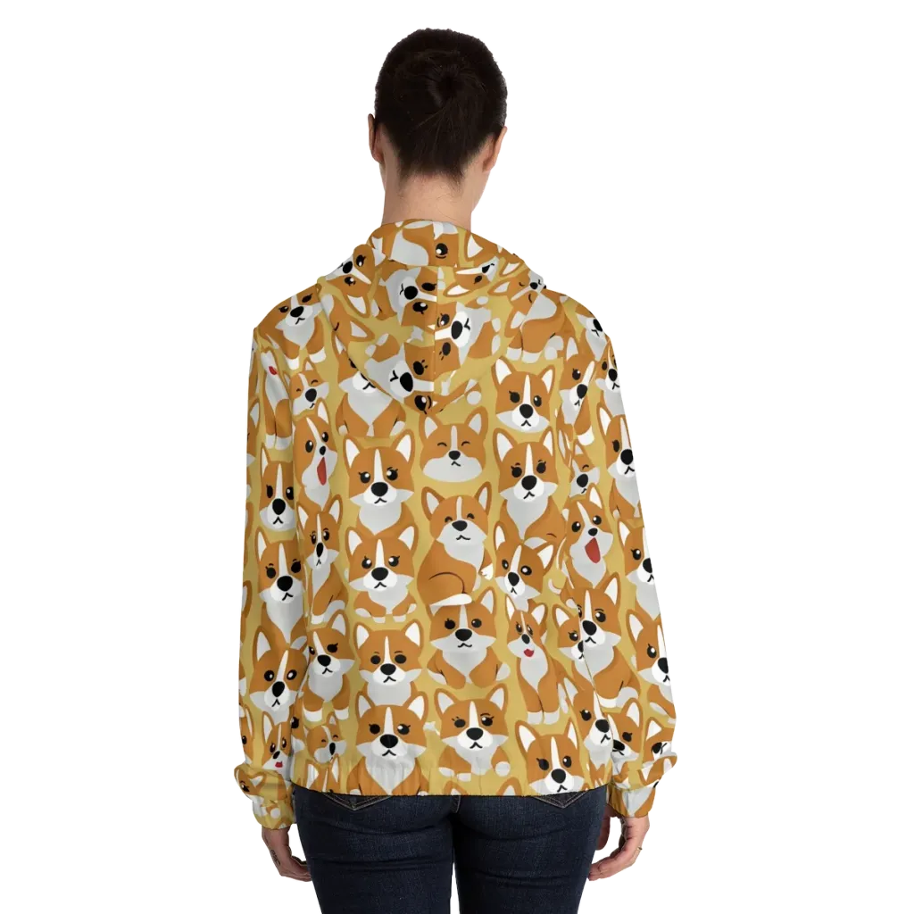 Amber Corgi Parade on Women's Full-Zip Hoodie — Back On Person