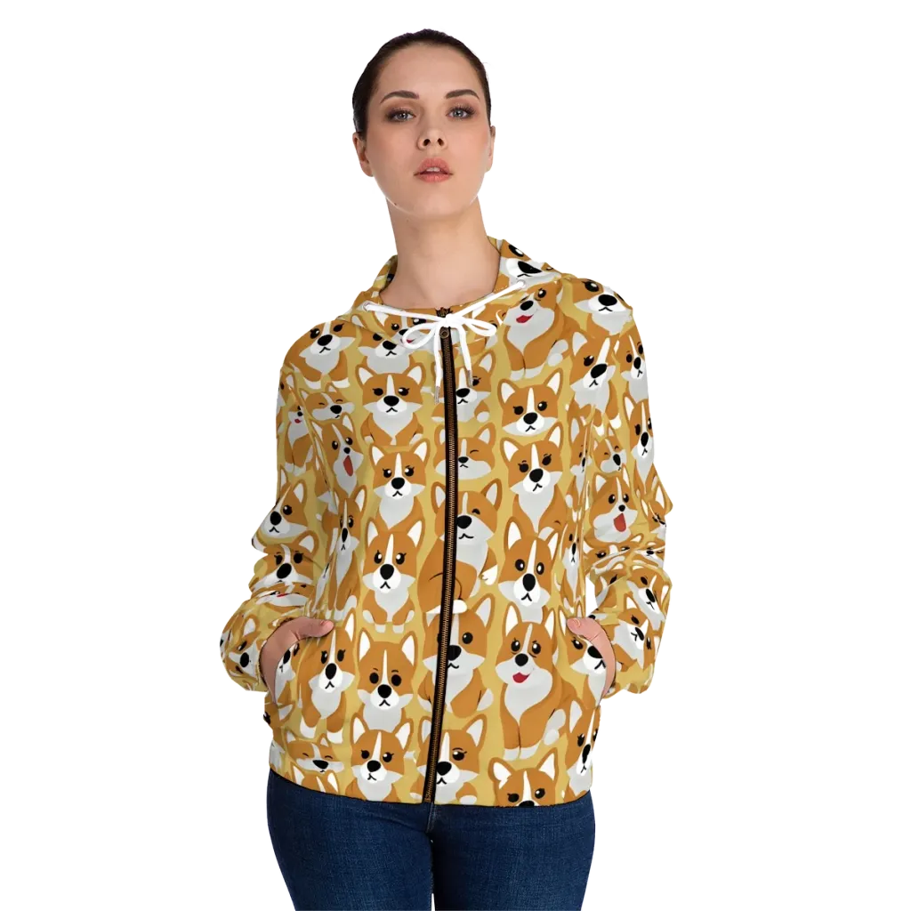 Amber Corgi Parade on Women's Full-Zip Hoodie — Front On Person