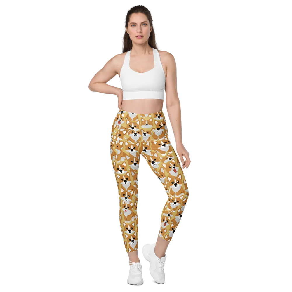 Amber Corgi Parade on Leggings with Pockets — Front