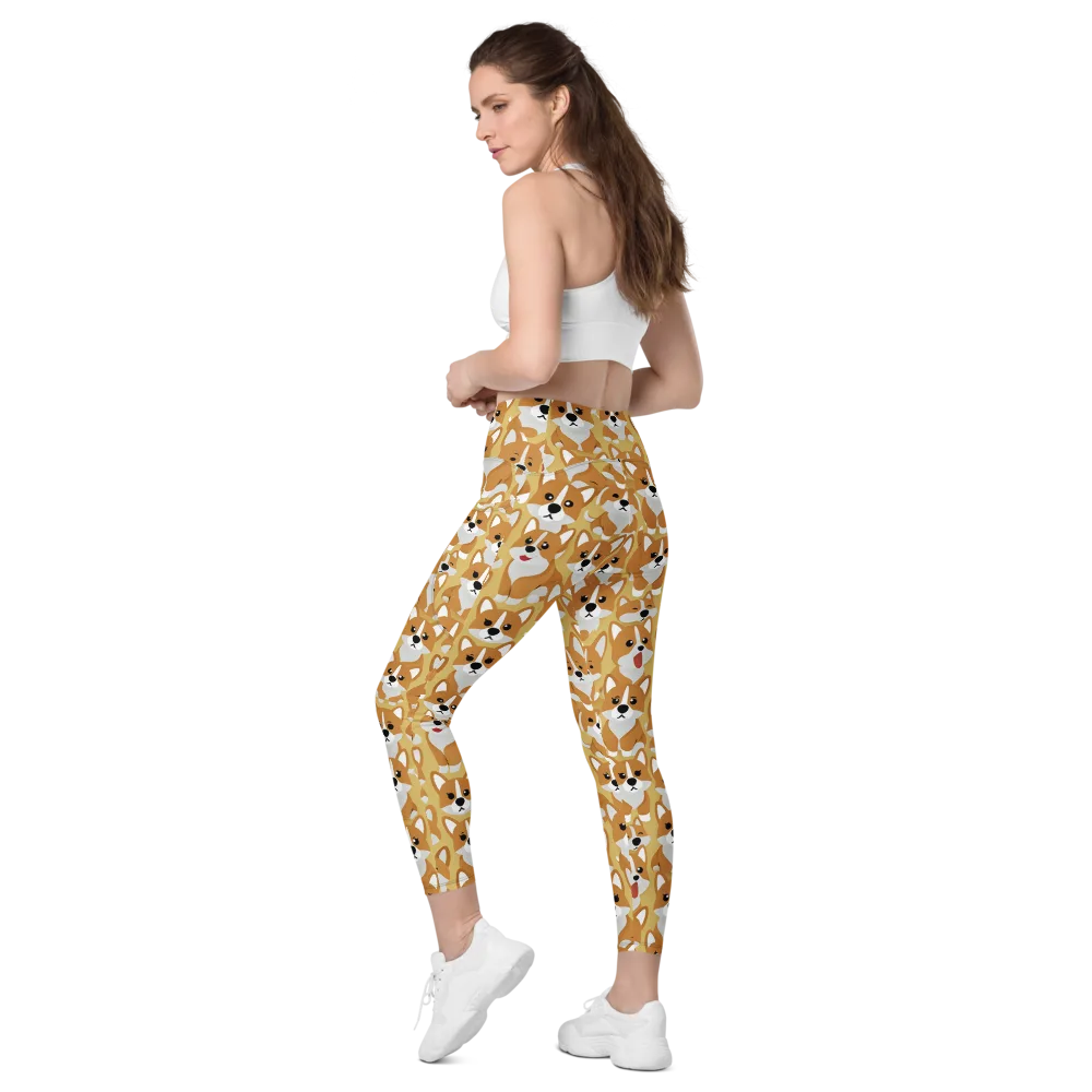 Amber Corgi Parade on Leggings with Pockets — Left Back