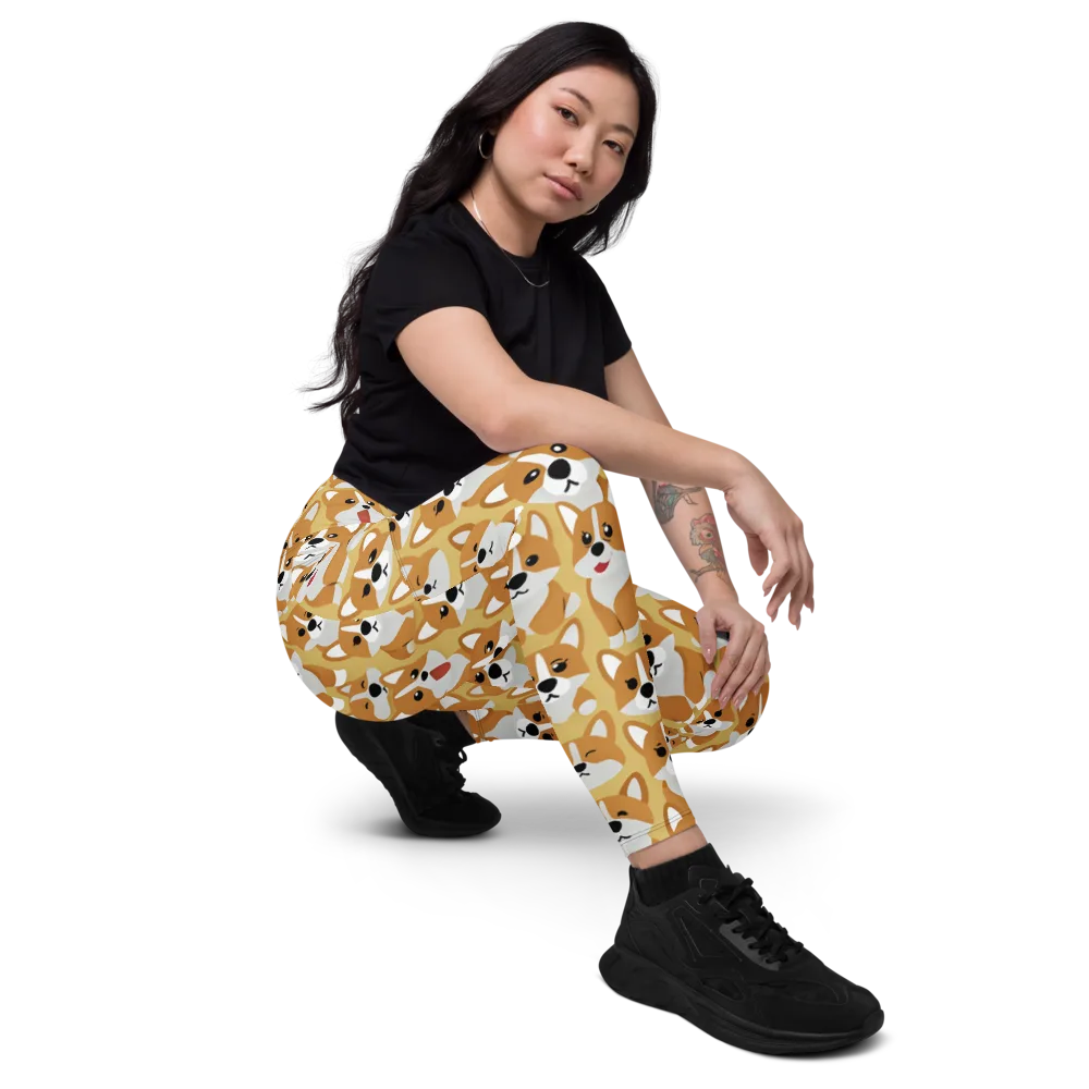 Amber Corgi Parade on Leggings with Pockets — Right Front