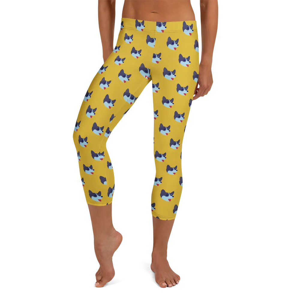 Golden Pup Parade on Capri Leggings — Front