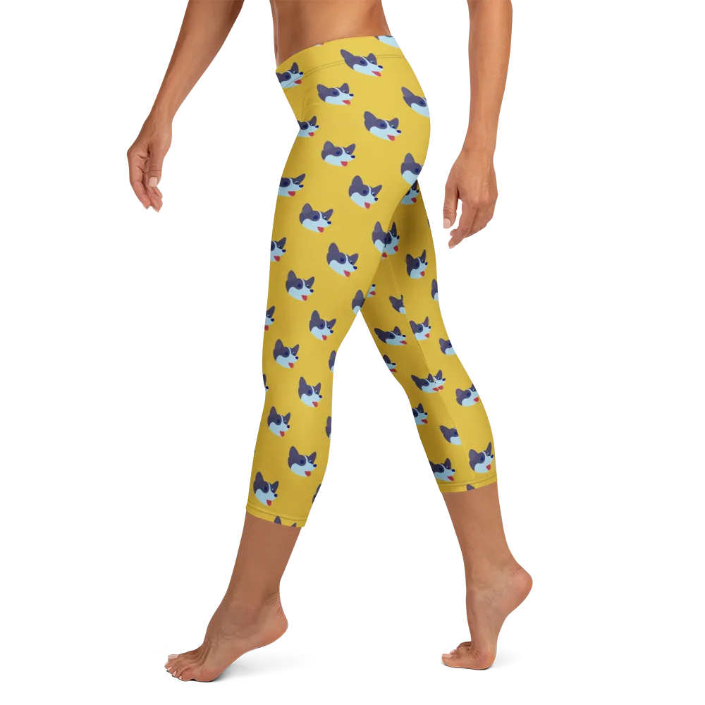 Golden Pup Parade on Capri Leggings — Left