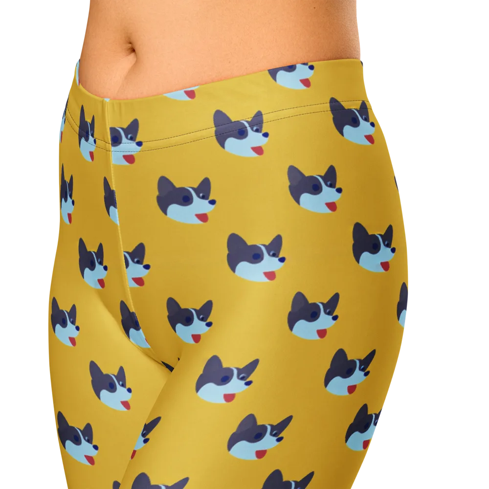 Golden Pup Parade on Capri Leggings — Zoomed-in