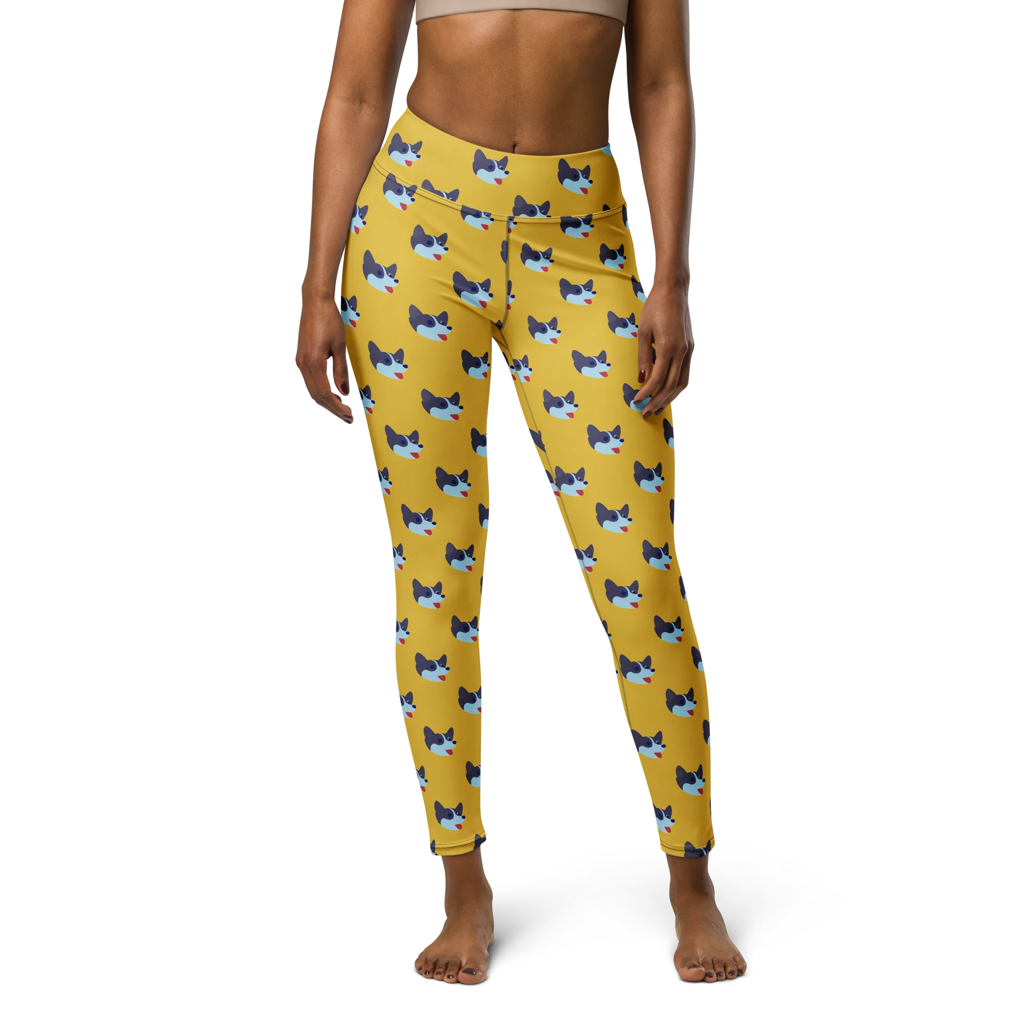 Golden Pup Parade on Yoga Leggings — Front