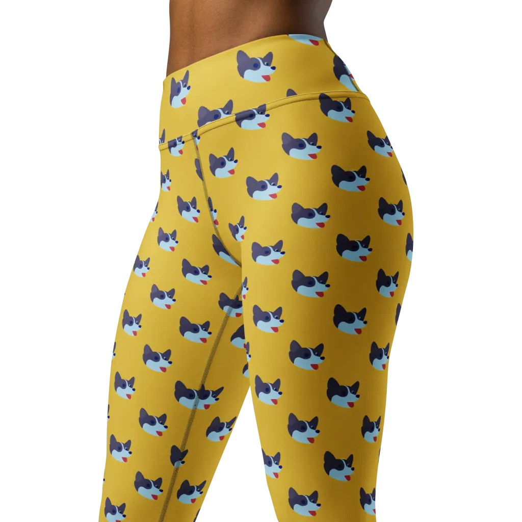Golden Pup Parade on Yoga Leggings — Left Front
