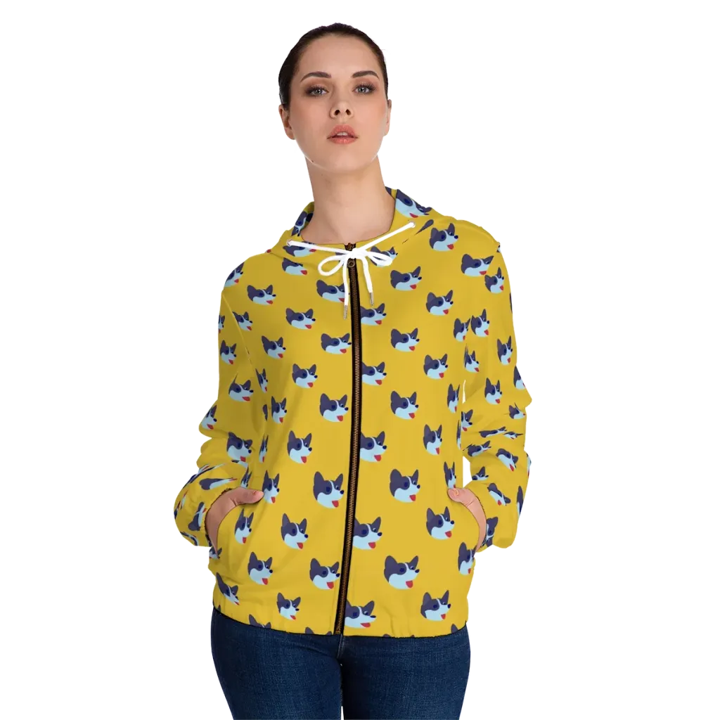 Golden Pup Parade on Women's Full-Zip Hoodie — Front On Person