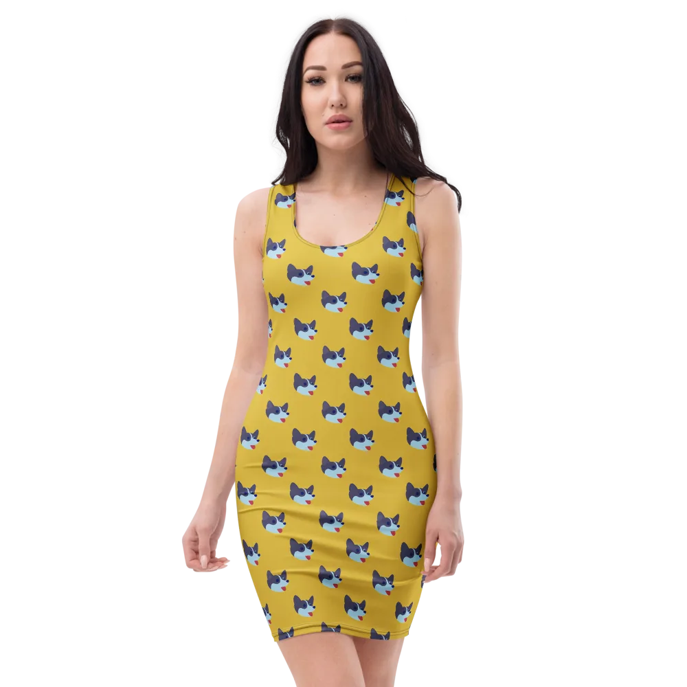 Golden Pup Parade on Bodycon Dress — Front