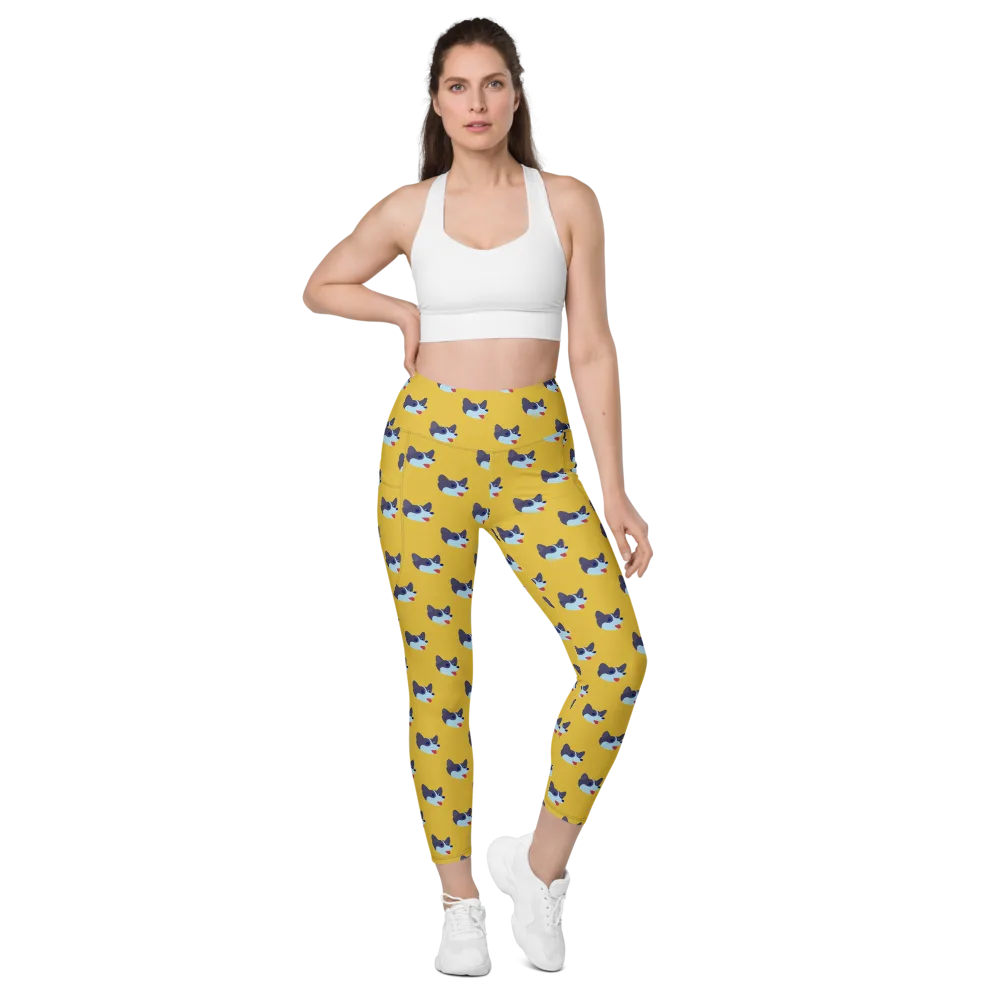 Golden Pup Parade on Leggings with Pockets — Front