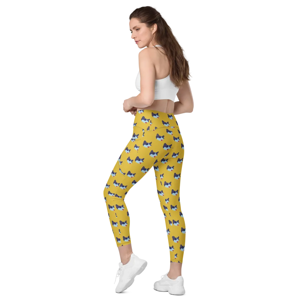 Golden Pup Parade on Leggings with Pockets — Left Back