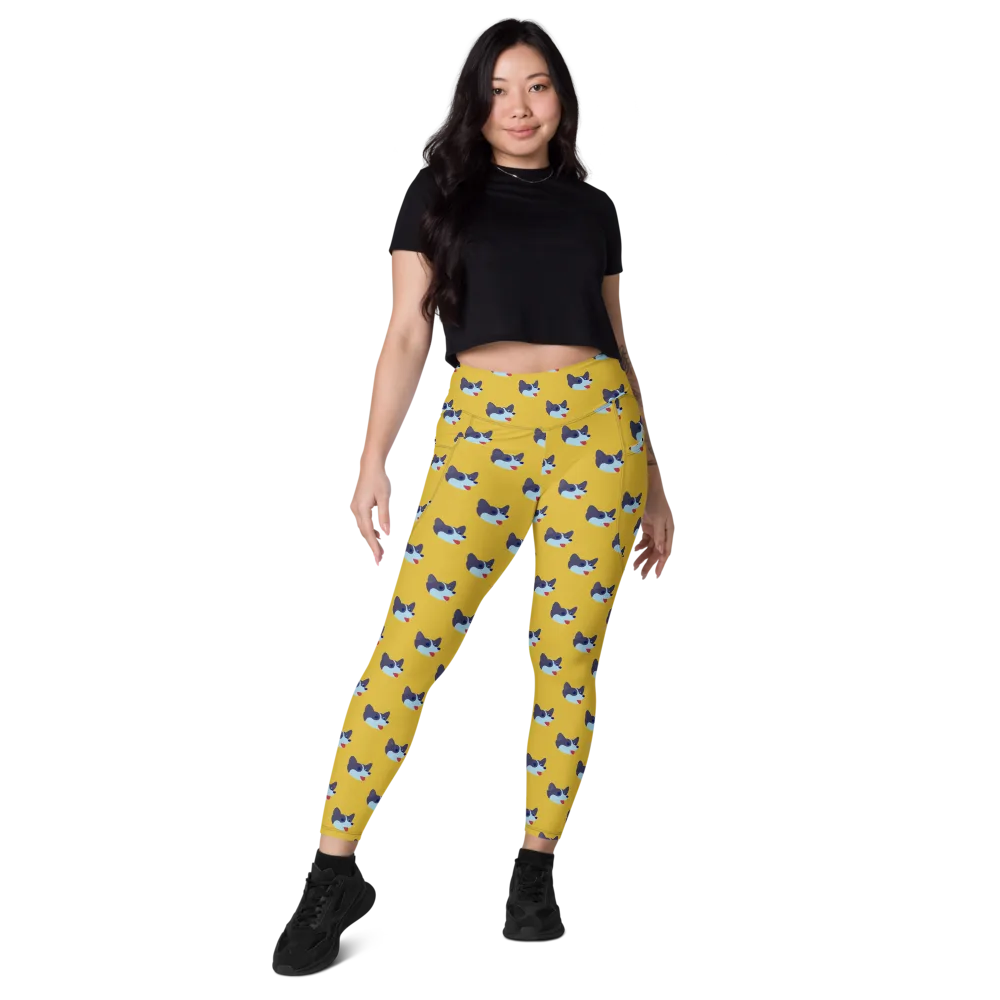 Golden Pup Parade on Leggings with Pockets — Front
