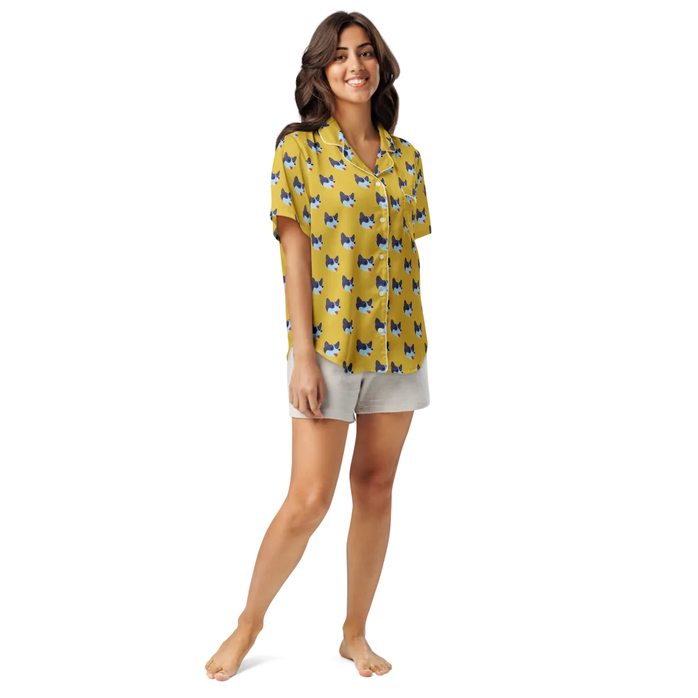 Golden Pup Parade on Women's Short Sleeve Pajama Top — Front