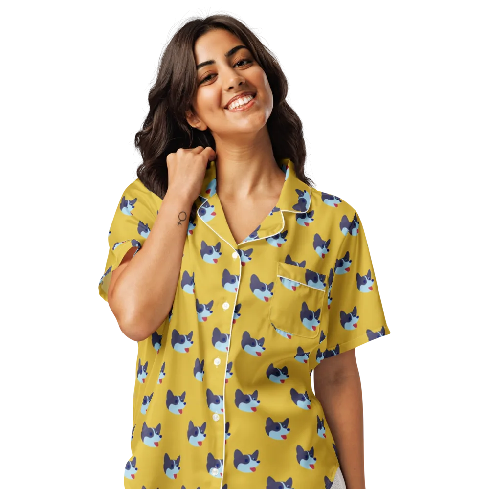 Golden Pup Parade on Women's Short Sleeve Pajama Top — Front
