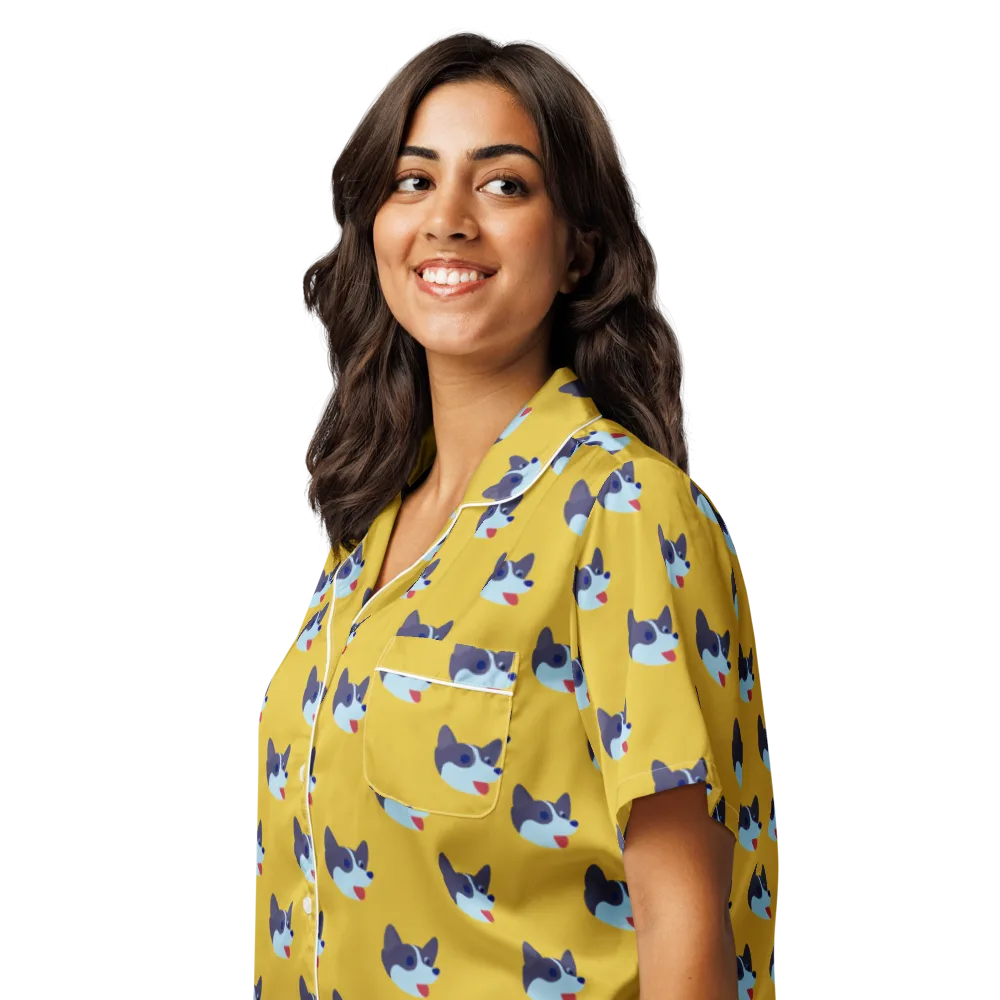 Golden Pup Parade on Women's Short Sleeve Pajama Top — Left Front