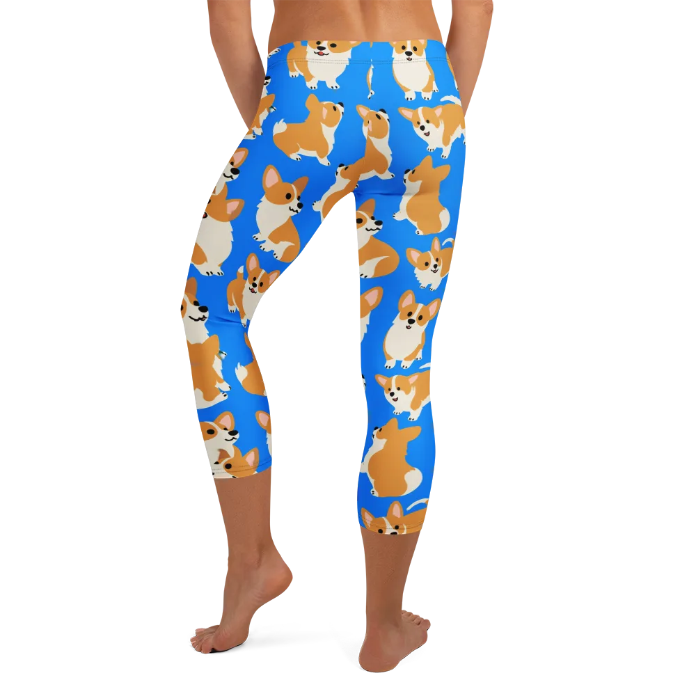 Blue Ribbon Corgis on Capri Leggings — Back