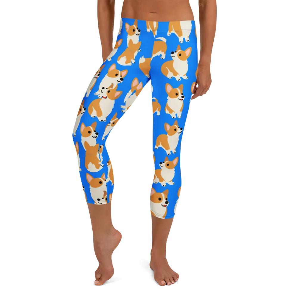 Blue Ribbon Corgis on Capri Leggings — Front