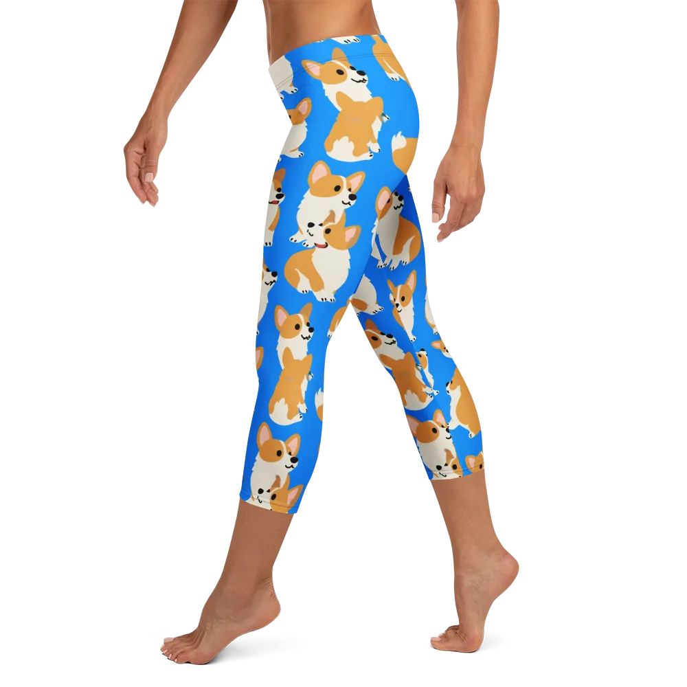 Blue Ribbon Corgis on Capri Leggings — Left