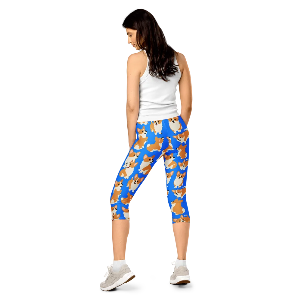 Blue Ribbon Corgis on Capri Leggings — Back