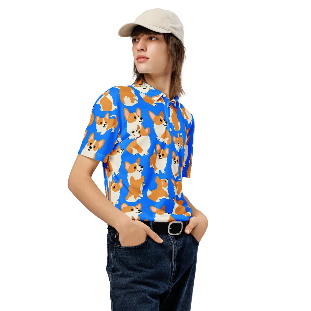 Blue Ribbon Corgis on Men's Slim Fit Polo Shirt — Right Front