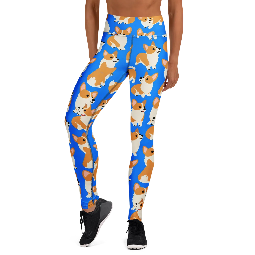 Blue Ribbon Corgis on Yoga Leggings — Front