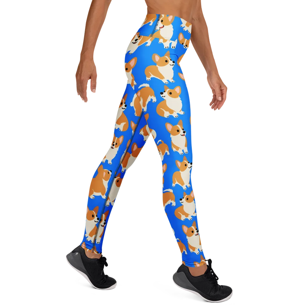 Blue Ribbon Corgis on Yoga Leggings — Right