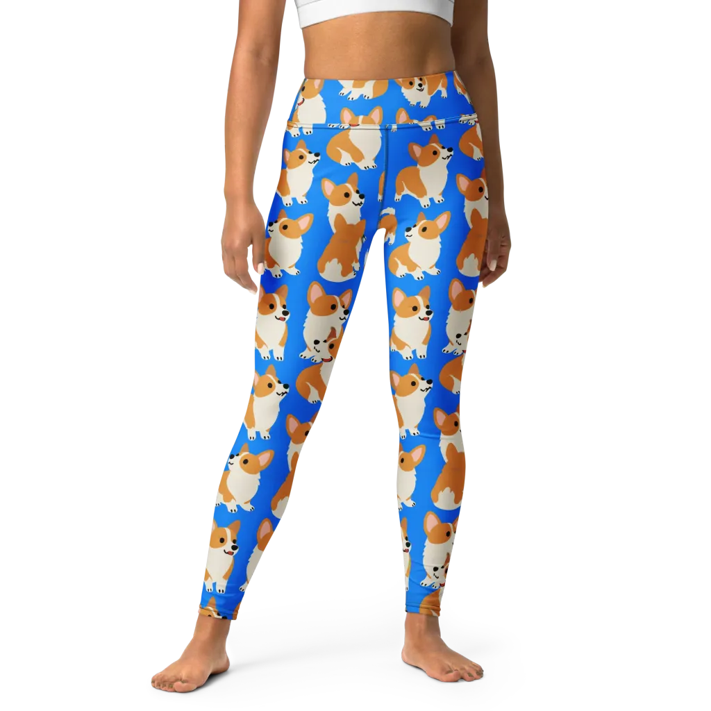 Blue Ribbon Corgis on Yoga Leggings — Front